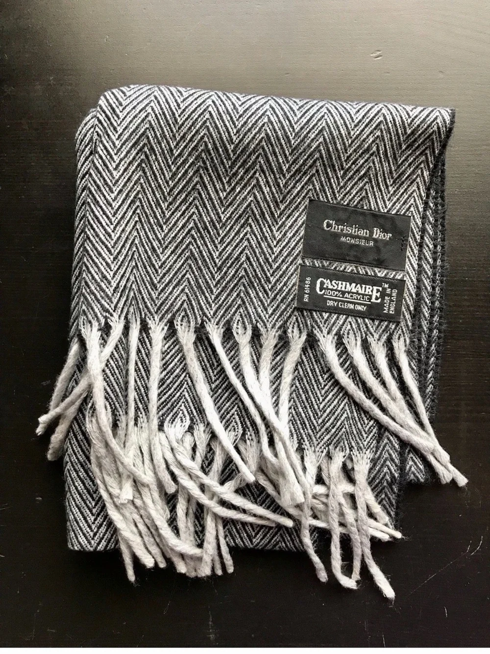 Christian Dior Monsieur Black and White Herringbone Scarf with Fringe